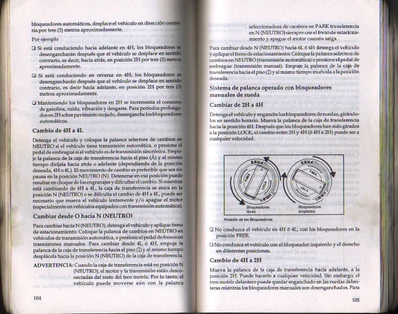 Spanish Ford owner's manual pages 104-105 on 4H to 4L, neutral shifts and manual locking hubs