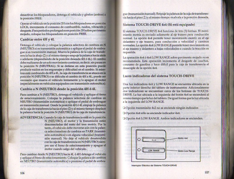 Spanish-language owner manual page on 4x4 transfer-case shifting and Touch-Drive system