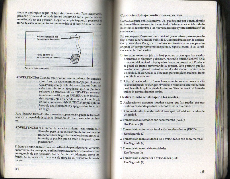 Spanish-language owner manual page on parking brake and driving under special conditions