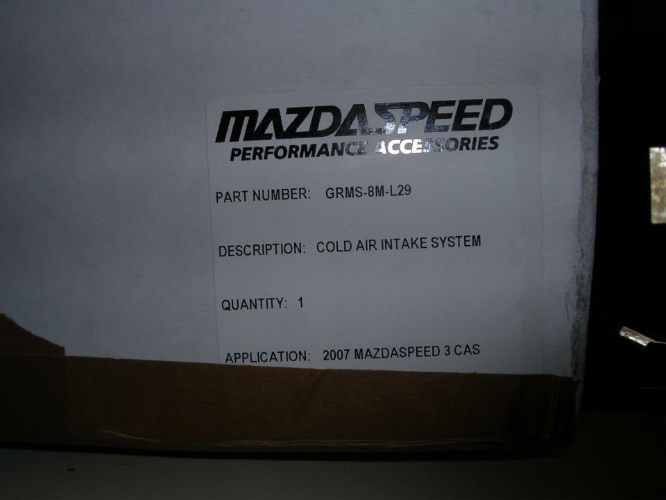 Mazdaspeed Performance Accessories label with part number GRMS-8M-L29 and application 2007 Mazdaspeed 3 CAS