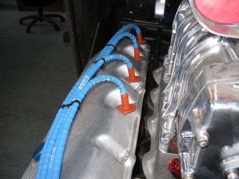 1964 Ford 427 - Close-up of an engine's valve cover and intake manifold, showing blue spark plug wires.