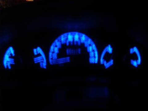 1997 Ford Ranger - The dashboard gauges are illuminated with bright blue LEDs.
