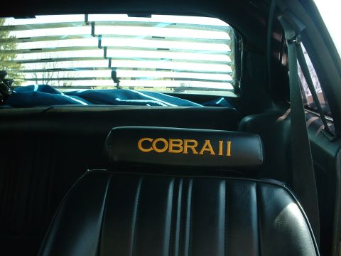 1978 Ford Mustang II - The interior of a 1978 Ford Mustang II shows a black headrest with gold COBRA II badging.