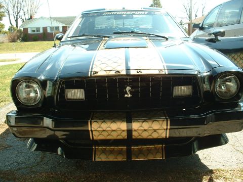 1978 Ford Mustang II - Front view of a black 1978 Ford Mustang II Cobra II gold racing stripes and a prominent hood scoop.