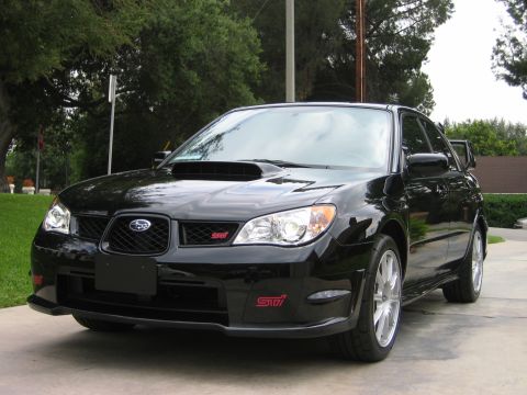 2007 Subaru Impreza - Front view of a black 2007 Subaru Impreza WRX STI sedan.