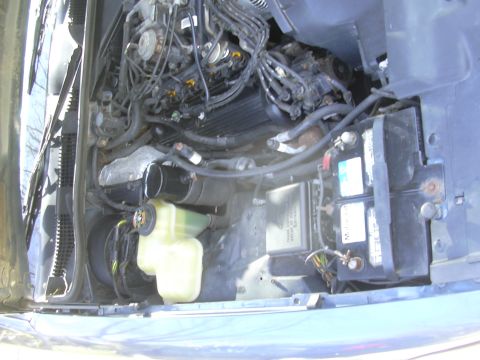 1996 Ford Crown Victoria - View of the engine bay, including the battery and coolant reservoir.
