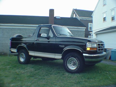 1993 Ford Bronco - This black 1993 Ford Bronco is shown from the side with its spare tire mounted on the rear.