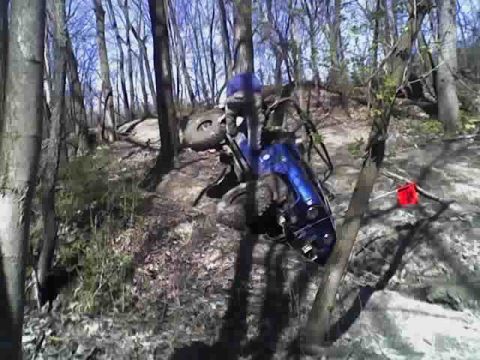 1992 Ford Bronco - An overturned blue ATV rests against trees on a wooded trail, with a red marker visible nearby.