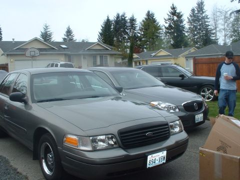 2000 Ford Crown Victoria - Two sedans parked in a suburban driveway, one is a 2000 Ford Crown Victoria.
