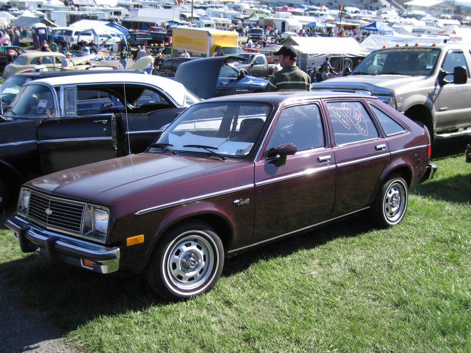 Maroon hatchback with chrome trim and a 'Chevette' badge