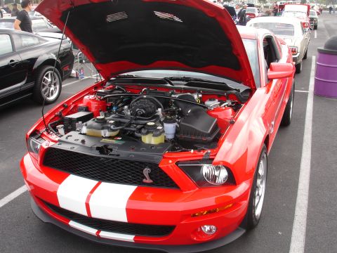 1993 Ford Taurus - A red 2005 Ford Mustang GT is parked with its hood open, revealing the engine compartment.