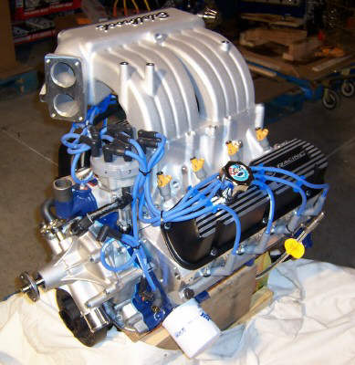 1995 Ford Bronco - Ford V8 engine assembly with Edelbrock intake and racing valve covers.