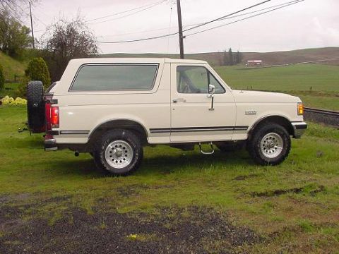 1988 Ford Bronco - A white 1988 Ford Bronco is parked on a grassy field with a rural landscape in the background.