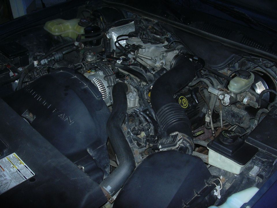 Engine bay of a 1996 Ford Crown Victoria, showing the V8 engine, alternator, and fan shroud