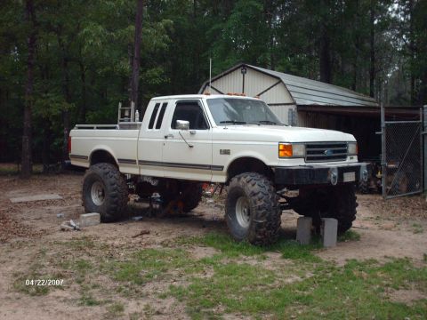 1990 Ford F-150 - This lifted pickup truck is parked in a grassy area with a shed and fence visible behind it.