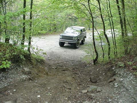 1993 Ford Bronco - A 1993 Ford Bronco is parked on a dirt road in a wooded area.