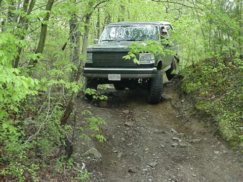 1993 Ford Bronco - Ford Bronco navigates a challenging off-road path through a dense forest.