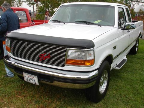 1993 Ford Taurus - Front view of a white Ford F-Series truck, parked on grass with another vehicle visible.