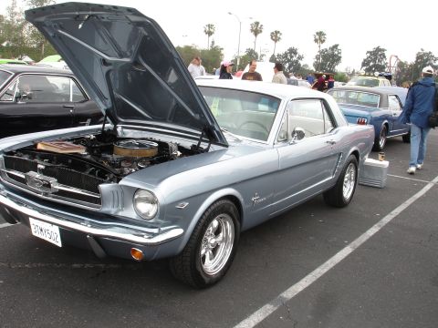 1993 Ford Taurus - A light blue 1965 Ford Mustang is parked with its hood open, alongside other vehicles.