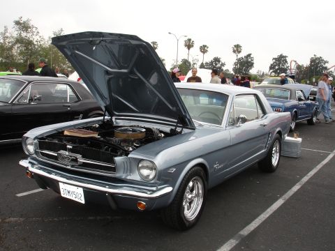 1993 Ford Taurus - A silver 1965 Ford Mustang is displayed with its hood open, revealing the engine, at an outdoor car show.