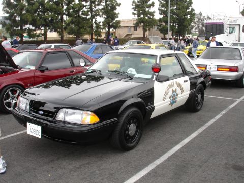 1993 Ford Taurus - A black and white 1993 Ford Mustang police car is parked in a lot with other vehicles.