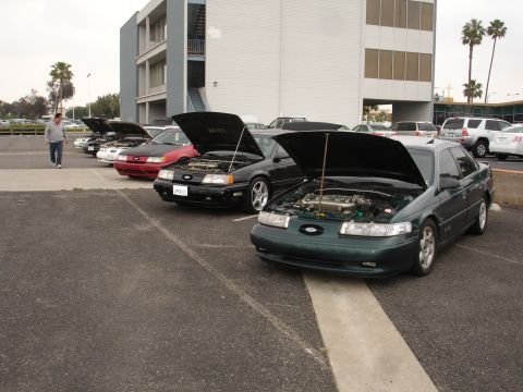 1993 Ford Taurus - A row of Ford Taurus cars, all with their engines exposed, parked in a lot.