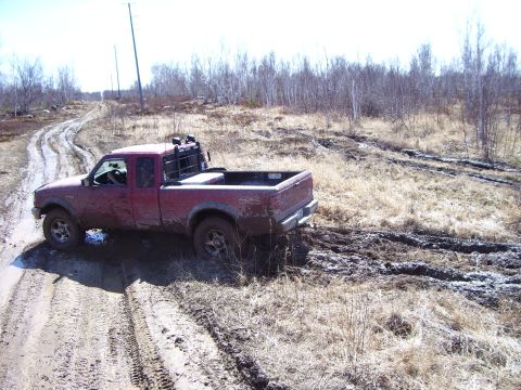 1996 Ford Bronco - Pickup truck is stuck in the mud on a dirt road with trees in the background.