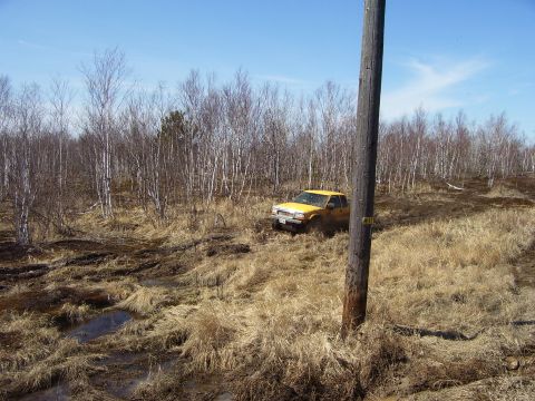 1996 Ford Bronco - Yellow pickup truck navigates a challenging muddy terrain surrounded by sparse woodland.
