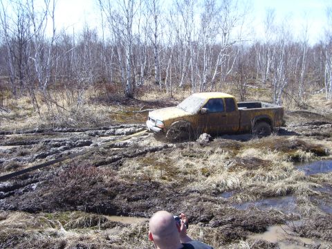 1996 Ford Bronco - A yellow pickup truck is stuck deep in mud, surrounded by a wooded area.