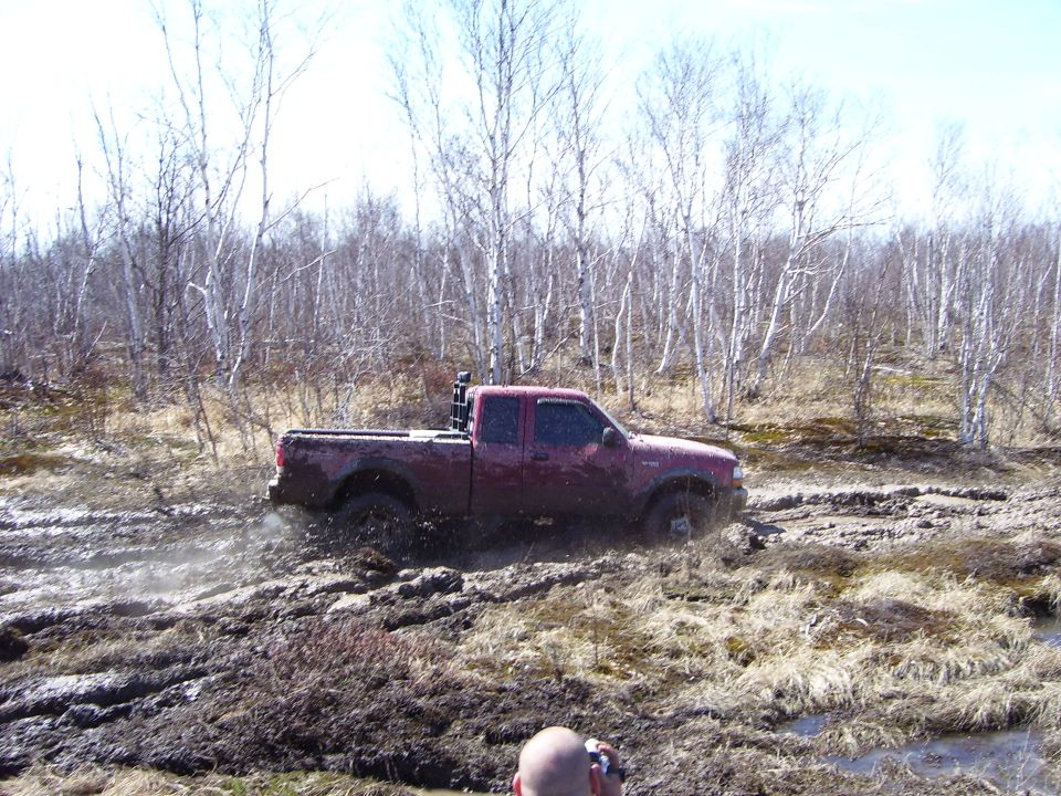 Red pickup truck stuck in mud, trees in background