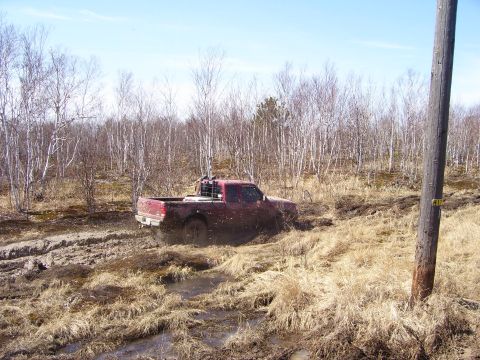 1996 Ford Bronco - Red pickup truck stuck in mud off-road.
