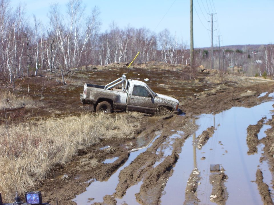 Pickup truck stuck deep in mud on a trail. Bare trees in background