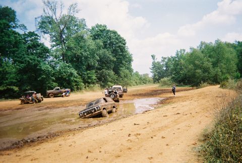 1978 Ford Bronco - Several off-road vehicles navigate a muddy track with trees in the background.