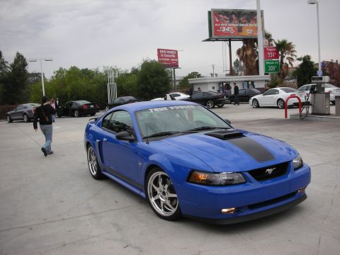 1992 Ford Crown Victoria - A blue Ford Mustang is parked at a gas station with other vehicles visible in the background.