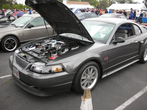 1992 Ford Crown Victoria - A dark gray Ford Mustang coupe is displayed with its hood open, revealing the engine compartment.