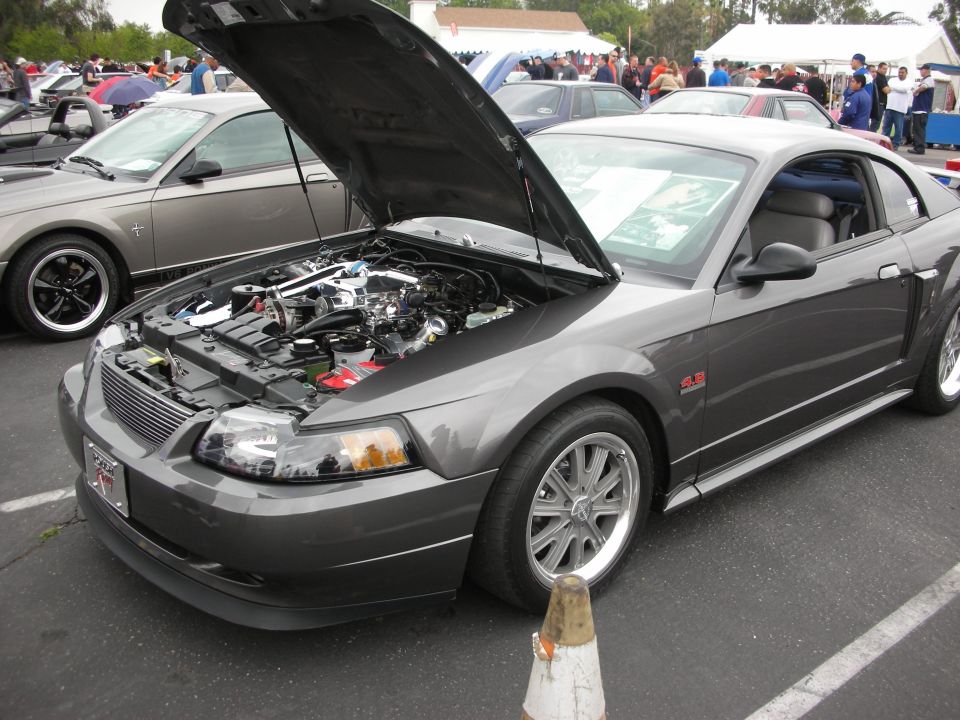 Dark gray Ford Mustang coupe, hood open, showing engine. Visible "4.6" badge on fender
