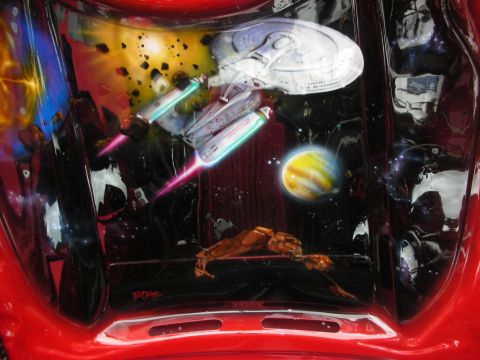 1992 Ford Crown Victoria - Custom airbrushed car hood depicts a Star Trek space battle scene.