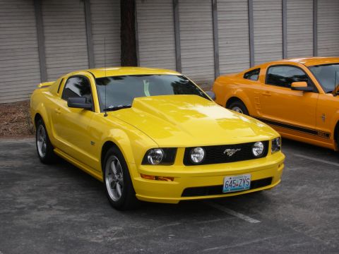 1992 Ford Crown Victoria - A bright yellow Ford Mustang with a prominent hood scoop is parked next to another yellow Mustang.