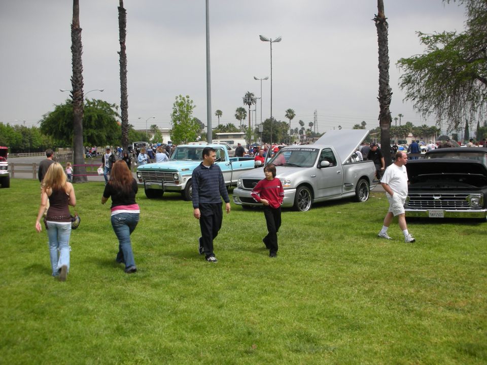 Several vehicles and people on a lawn, with palm trees and a cloudy sky