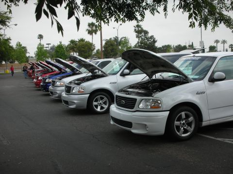 1992 Ford Crown Victoria - Line of Ford F-150 Lightning trucks at an event, hoods raised to show engines.