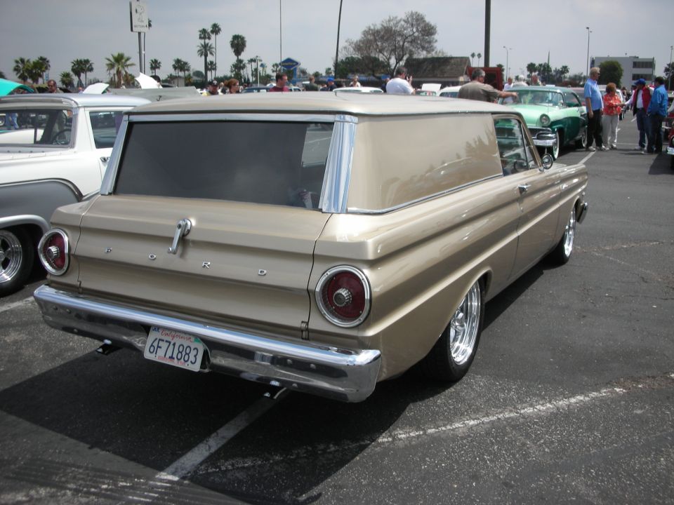 Tan 1964 Ford sedan delivery van, rear view. California license plate 6F71883