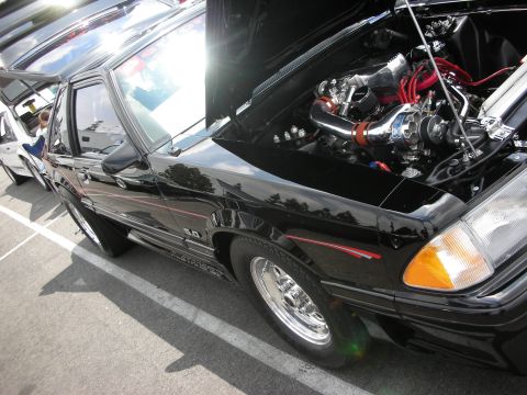 1992 Ford Crown Victoria - A black 1992 Ford Mustang GT is parked with its hood open, revealing a modified engine and shiny chrome wheels.