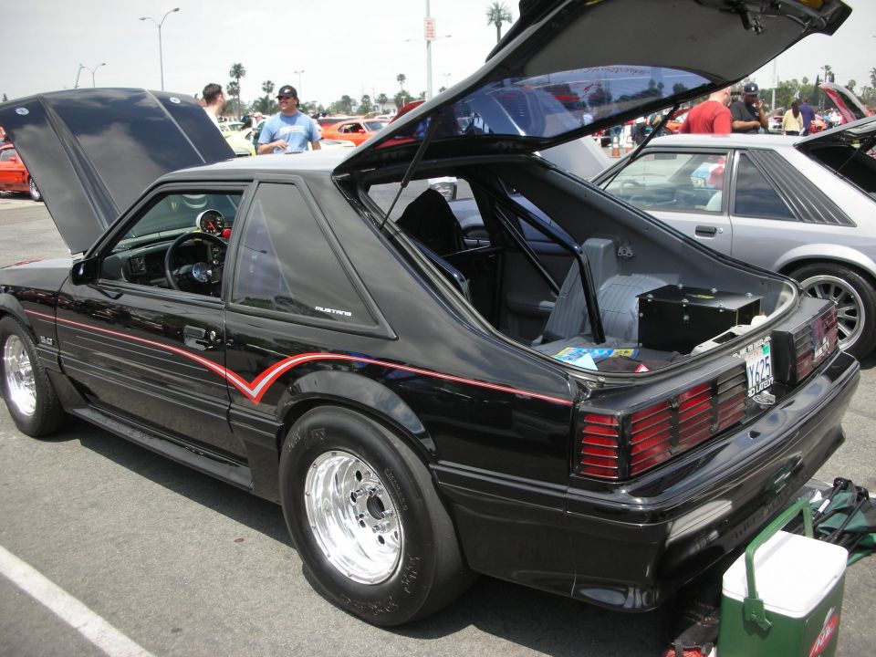 Black Ford Mustang hatchback with red and white racing stripes, drag tires, and roll cage. Hood and trunk are open