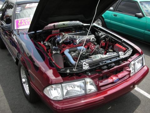 1992 Ford Crown Victoria - Customized engine bay of a 1991 Ford Mustang, with another Mustang visible behind it.