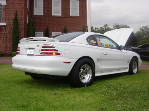 1992 Ford Crown Victoria - White Ford Mustang with drag racing tires and an open hood, parked on grass at an outdoor event.