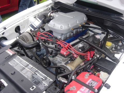 1992 Ford Crown Victoria - The engine bay of a Ford Mustang shows a modified intake manifold and various engine components.
