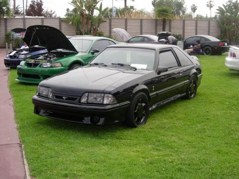 1992 Ford Crown Victoria - A black Ford Mustang coupe is parked on grass at an outdoor car show with other vehicles.