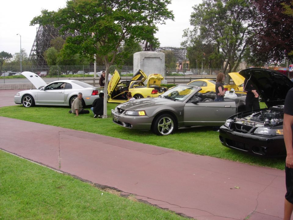 Gray convertible Mustang with doors open, parked on grass