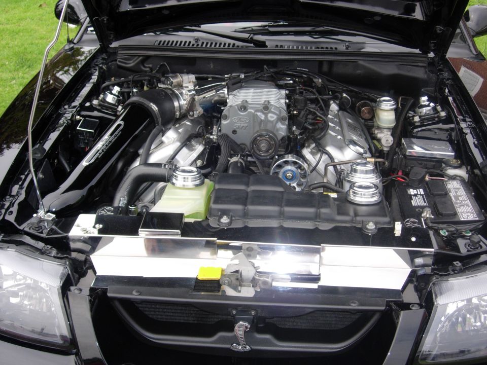 Engine bay of a black car with a supercharged V8 engine, chrome accents, and a Cobra emblem on the grille