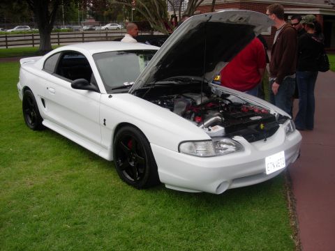 1992 Ford Crown Victoria - This white Ford Mustang, likely a 1994 model, is displayed with its hood open at an outdoor event.
